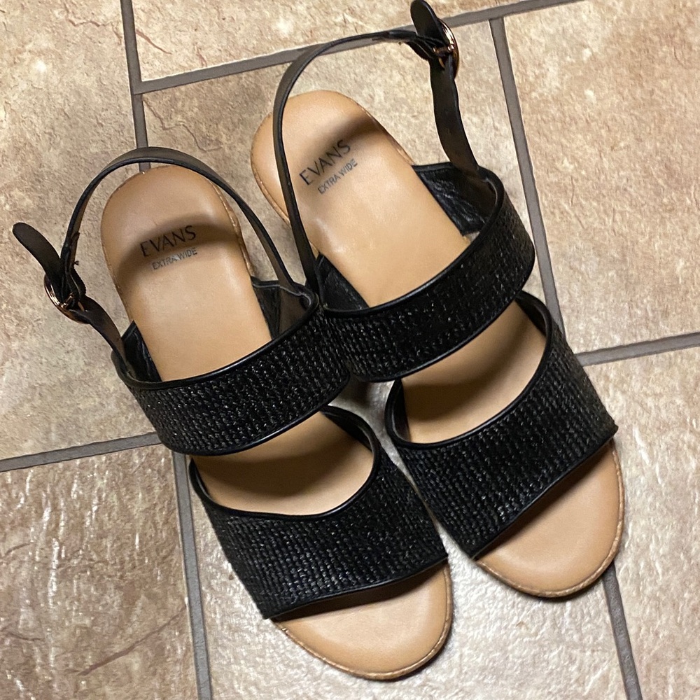 Evans X Wide Strap Wedge Sandals with Tan Footbed Size 10 NWOT Summer Fall